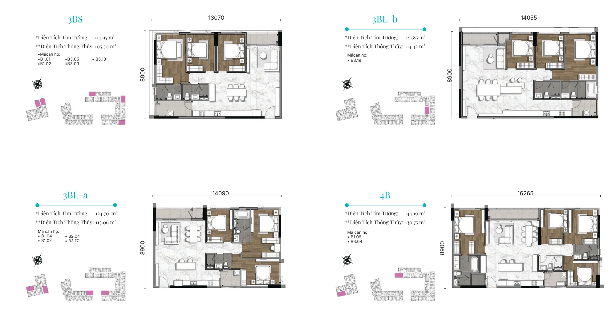 Mặt bằng chi tiết căn hộ Gladia Heights diện tích 53,46 đến 144,19 m2